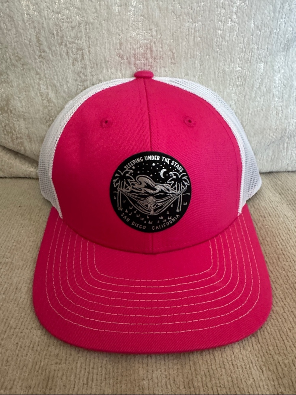 Sleeping Under the Stars Patch Trucker Hat - Hot Pink & White